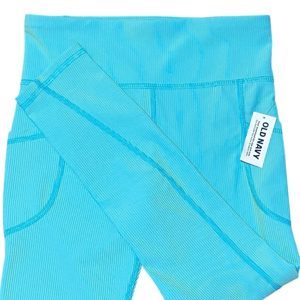 Old Navy NEW PowerSoft Go-Dry High-Rise Leggings Turquoise Lime Pinstripe Size 8